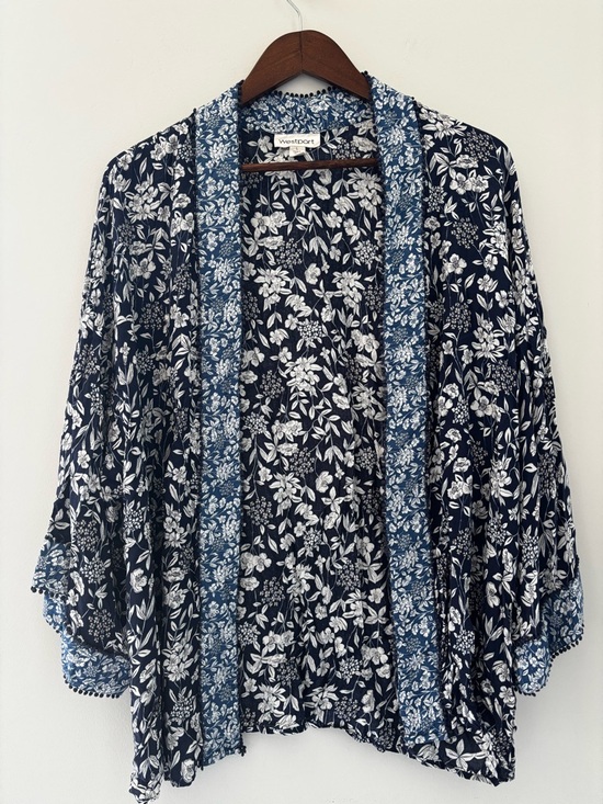 Westport Jackets & Blazers - Westport Floral Boho Kimono Cardigan Navy Blue White Rayon Open Front Women’s L